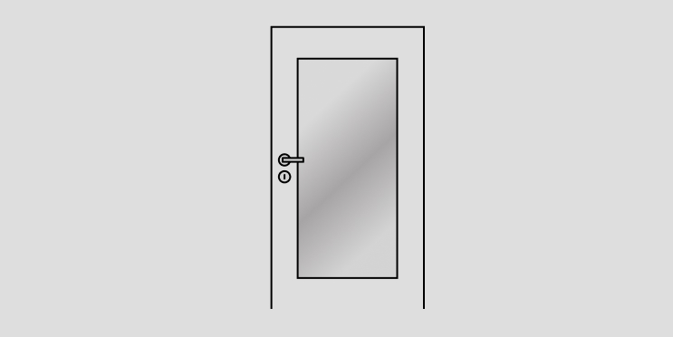 Abbildung einer einfarbigen Zimmertür mit glatter Oberfläche, Türdrücker, Schloss und einem Lichtausschnitt in der Türmitte.