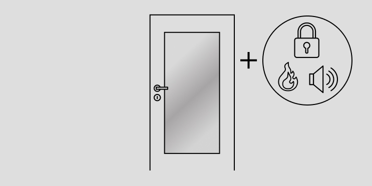 Abbildung einer einfarbigen Tür mit glatter Oberfläche, Türdrücker, Schloss und einem Lichtausschnitt in der Türmitte. Rechts neben der Tür sind drei Funktionssymbole Schloss, Feuer und Lärm abgebildet, die durch ein Pluszeichen mit der Tür verbunden sind.