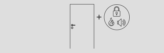 Abbildung einer einfarbigen Tür mit glatter Oberfläche, Türdrücker und Schloss. Rechts neben der Tür sind drei Funktionssymbole Schloss, Feuer und Lärm abgebildet, die durch ein Pluszeichen mit der Tür verbunden sind.