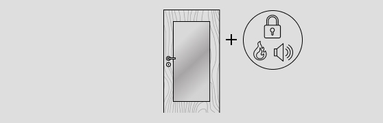 Abbildung einer Tür mit glatter Oberfläche und Holzmaserung, Türdrücker, Schloss und einem Lichtausschnitt in der Türmitte. Rechts neben der Tür sind drei Funktionssymbole Schloss, Feuer und Lärm abgebildet, die durch ein Pluszeichen mit der Tür verbunden sind.