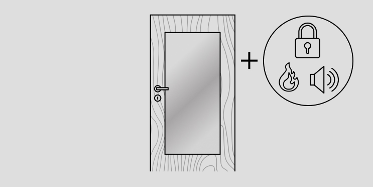 Abbildung einer Tür mit glatter Oberfläche und Holzmaserung, Türdrücker, Schloss und einem Lichtausschnitt in der Türmitte. Rechts neben der Tür sind drei Funktionssymbole Schloss, Feuer und Lärm abgebildet, die durch ein Pluszeichen mit der Tür verbunden sind.