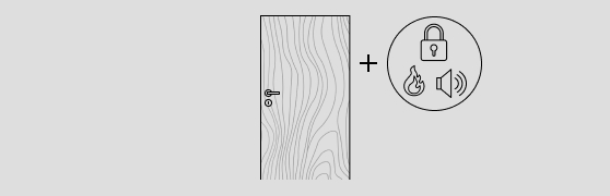 Abbildung einer Tür mit glatter Oberfläche und Holzmaserung, Türdrücker und Schloss. Rechts neben der Tür sind drei Funktionssymbole Schloss, Feuer und Lärm abgebildet, die durch ein Pluszeichen mit der Tür verbunden sind.