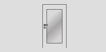 Abbildung einer einfarbigen Zimmertür mit glatter Oberfläche , Türdrücker, Schloss und einem Lichtausschnitt in der Türmitte.