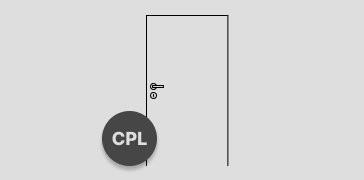 Abbildung einer einfarbigen Zimmertür mit glatter Oberfläche, Türdrücker und Schloss. Links unten auf der Tür ist ein runder Störer platziert in dem der Hinweis "CPL" steht.