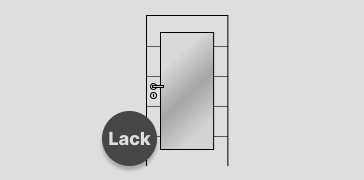 Abbildung einer einfarbigen Zimmertür mit Türdrücker und Schloss. Auf dem Türblatt sind vier Querrillen zu sehen, die im gleichen Abstand zueinander angeordnet sind und in der Mitte ist ein Lichtausschnitt.  Links unten auf der Tür ist ein runder Störer platziert in dem der Hinweis "Lack" steht.