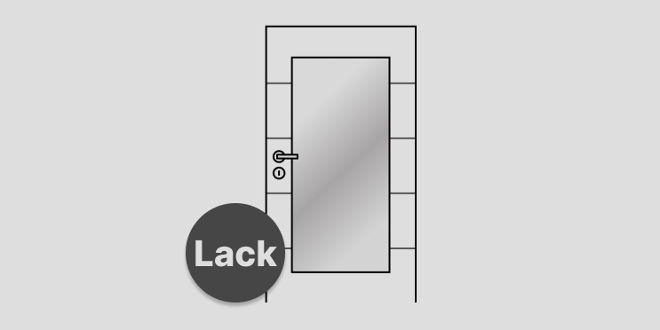 Abbildung einer einfarbigen Zimmertür mit Türdrücker und Schloss. Auf dem Türblatt sind vier Querrillen zu sehen, die im gleichen Abstand zueinander angeordnet sind und in der Mitte ist ein Lichtausschnitt.  Links unten auf der Tür ist ein runder Störer platziert in dem der Hinweis "Lack" steht.