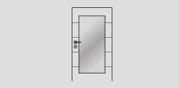 Abbildung einer einfarbigen Zimmertür mit Türdrücker und Schloss. Auf dem Türblatt sind vier Querrillen zu sehen, die im gleichen Abstand zueinander angeordnet sind und in der Mitte ist ein Lichtausschnitt.