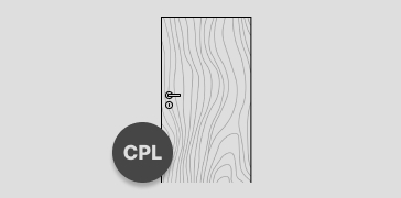 Abbildung einer Zimmertür mit glatter Oberfläche und Holzmaserung, Türdrücker und Schloss. Links unten auf der Tür ist ein runder Störer platziert in dem der Hinweis "CPL" steht.