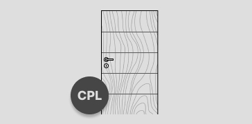 Abbildung einer Zimmertür mit Holzmaserung, Türdrücker und Schloss. Auf dem Türblatt sind vier Querrillen zu sehen, die im gleichen Abstand zueinander angeordnet sind.  Links unten auf der Tür ist ein runder Störer platziert in dem der Hinweis "CPL" steht.