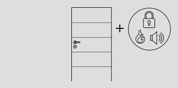 Abbildung einer einfarbigen Tür mit Türdrücker und Schloss. Auf dem Türblatt sind vier Querrillen zu sehen, die im gleichen Abstand zueinander angeordnet sind. Rechts neben der Tür sind drei Funktionssymbole Schloss, Feuer und Lärm abgebildet, die durch ein Pluszeichen mit der Tür verbunden sind.