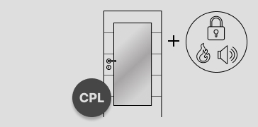 Abbildung einer einfarbigen Tür mit Türdrücker und Schloss. Auf dem Türblatt sind vier Querrillen zu sehen, die im gleichen Abstand zueinander angeordnet sind und in der Mitte ist ein Lichtausschnitt. Links unten auf der Tür ist ein runder Störer platziert in dem der Hinweis "CPL" steht. Rechts neben der Tür sind drei Funktionssymbole Schloss, Feuer und Lärm abgebildet, die durch ein Pluszeichen mit der Tür verbunden sind.