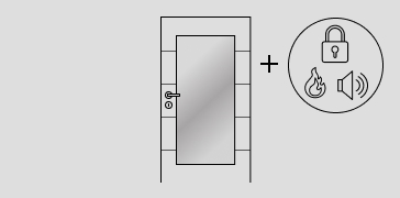 Abbildung einer einfarbigen Tür mit Türdrücker und Schloss. Auf dem Türblatt sind vier Querrillen zu sehen, die im gleichen Abstand zueinander angeordnet sind und in der Mitte ist ein Lichtausschnitt. Rechts neben der Tür sind drei Funktionssymbole Schloss, Feuer und Lärm abgebildet, die durch ein Pluszeichen mit der Tür verbunden sind.
