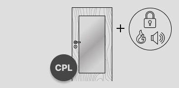 Abbildung einer Tür mit glatter Oberfläche und Holzmaserung, Türdrücker, Schloss und einem Lichtausschnitt in der Türmitte. Links unten auf der Tür ist ein runder Störer platziert in dem der Hinweis "CPL" steht. Rechts neben der Tür sind drei Funktionssymbole Schloss, Feuer und Lärm abgebildet, die durch ein Pluszeichen mit der Tür verbunden sind.