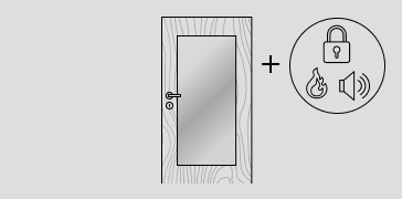 Abbildung einer Tür mit glatter Oberfläche und Holzmaserung, Türdrücker, Schloss und einem Lichtausschnitt in der Türmitte. Rechts neben der Tür sind drei Funktionssymbole Schloss, Feuer und Lärm abgebildet, die durch ein Pluszeichen mit der Tür verbunden sind.