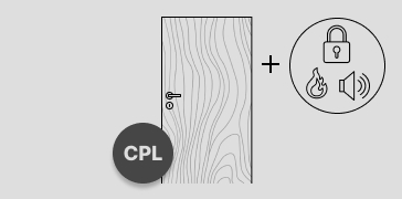 Abbildung einer Tür mit glatter Oberfläche und Holzmaserung, Türdrücker und Schloss. Links unten auf der Tür ist ein runder Störer platziert in dem der Hinweis "CPL" steht. Rechts neben der Tür sind drei Funktionssymbole Schloss, Feuer und Lärm abgebildet, die durch ein Pluszeichen mit der Tür verbunden sind.