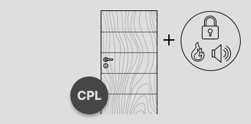 Abbildung einer Tür mit Holzmaserung, Türdrücker und Schloss. Auf dem Türblatt sind vier Querrillen zu sehen, die im gleichen Abstand zueinander angeordnet sind.  Links unten auf der Tür ist ein runder Störer platziert in dem der Hinweis "CPL" steht. Rechts neben der Tür sind drei Funktionssymbole Schloss, Feuer und Lärm abgebildet, die durch ein Pluszeichen mit der Tür verbunden sind.