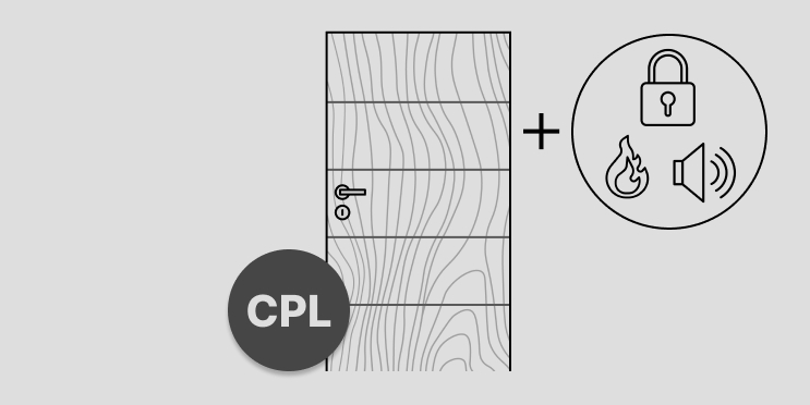 Abbildung einer Tür mit Holzmaserung, Türdrücker und Schloss. Auf dem Türblatt sind vier Querrillen zu sehen, die im gleichen Abstand zueinander angeordnet sind.  Links unten auf der Tür ist ein runder Störer platziert in dem der Hinweis "CPL" steht. Rechts neben der Tür sind drei Funktionssymbole Schloss, Feuer und Lärm abgebildet, die durch ein Pluszeichen mit der Tür verbunden sind.