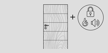 Abbildung einer Tür mit Holzmaserung, Türdrücker und Schloss. Auf dem Türblatt sind vier Querrillen zu sehen, die im gleichen Abstand zueinander angeordnet sind. Rechts neben der Tür sind drei Funktionssymbole Schloss, Feuer und Lärm abgebildet, die durch ein Pluszeichen mit der Tür verbunden sind.