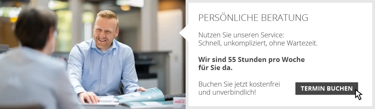 Nutzen Sie unseren Service: Schnell, unkompliziert, ohne Wartezeit. Wir sind 55 Stunden pro Woche für Sie da. Buchen Sie jetzt kostenfrei und unverbindlich! Termin buchen